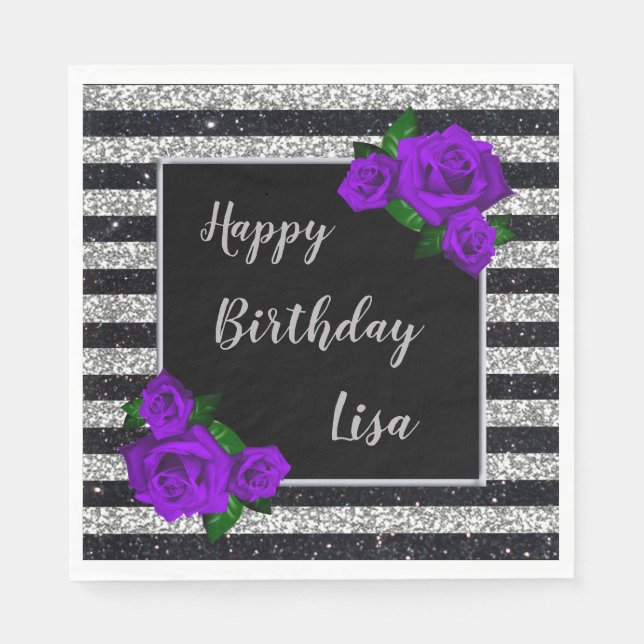 Serviette En Papier Parties scintillant d'argent noir rayures de viole (Devant)