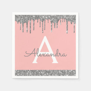 Serviette En Papier Parties scintillant d'argent rose pâle Monogramme 