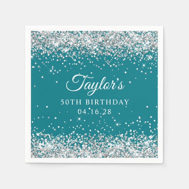 Serviette En Papier Parties scintillant d'argent Turquoise foncé 50e a (Devant)