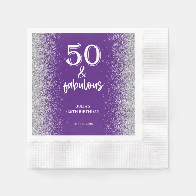 Serviette En Papier Parties scintillant d'argent violet 50e fête d'ann (Devant)