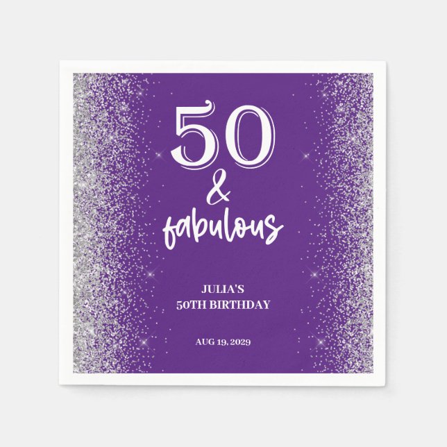 Serviette En Papier Parties scintillant d'argent violet 50e fête d'ann (Devant)
