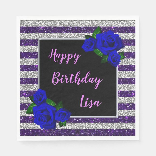 Serviette En Papier Parties scintillant de rayures d'argent violet Ros (Devant)