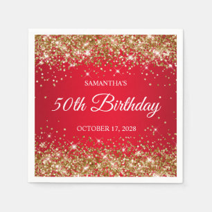 Serviette En Papier Parties scintillant d'or et 50e anniversaire rouge