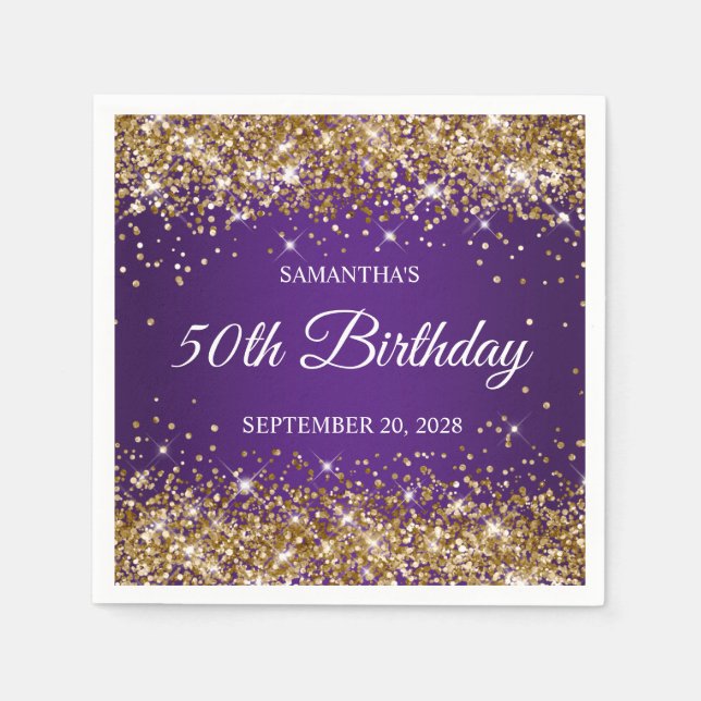 Serviette En Papier Parties scintillant d'or et Royal Purple 50e anniv (Devant)