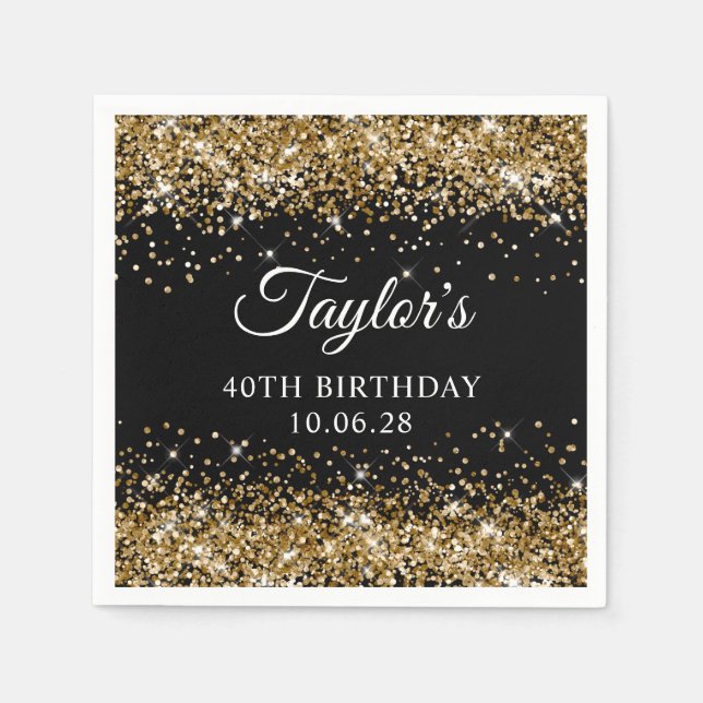 Serviette En Papier Parties scintillant d'or Noir 40e anniversaire (Devant)
