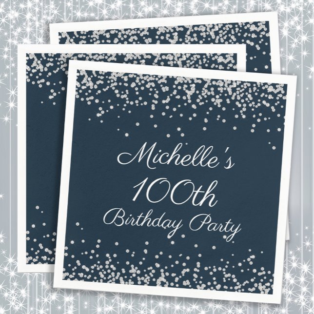 Serviette En Papier Parties scintillant en argent bleu marine 100e fêt (Navy blue and silver glitter custom 100th birthday party paper napkins)