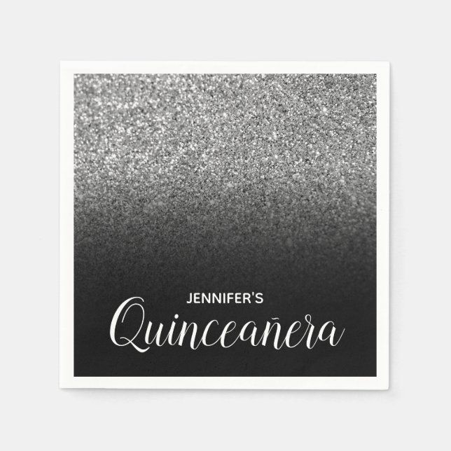Serviette En Papier Parties scintillant noir et argent Ombre Quinceane (Devant)