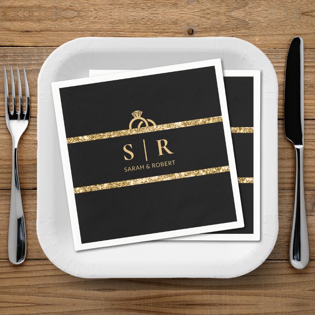 Serviette En Papier Parties scintillant noir et or Monogramme Mariage  (Black & Gold Glitter Monogram Initial Wedding Napkins)