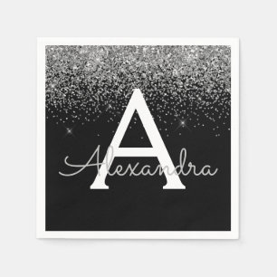 Serviette En Papier Parties scintillant noire en argent et Monogramme 