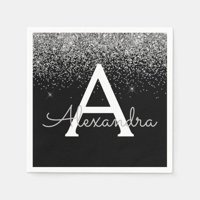 Serviette En Papier Parties scintillant noire en argent et Monogramme  (Devant)