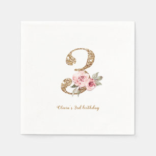 Serviette En Papier Parties scintillant or étincelante et rose floral 