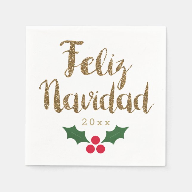 Serviette En Papier Parties scintillant Or Feliz Navidad 2021 (Devant)