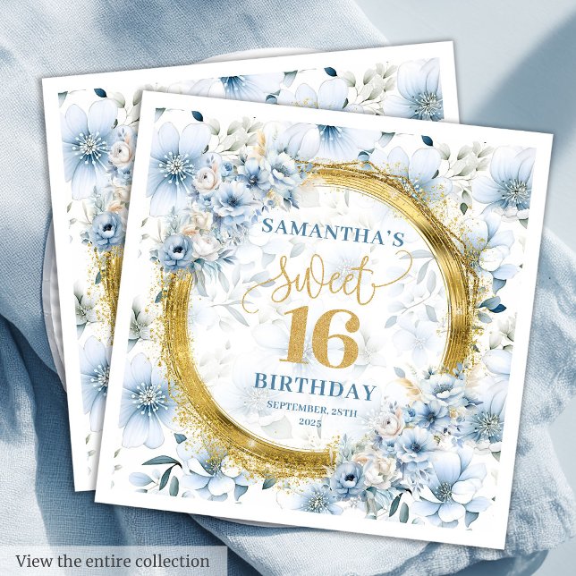 Serviette En Papier Parties scintillant or Sweet sixteen bleu clair un (Unique Light Blue Sweet Sixteen Gold Glitter Napkins)