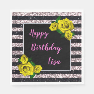 Serviette En Papier Parties scintillant rose noire rayures Roses jaune