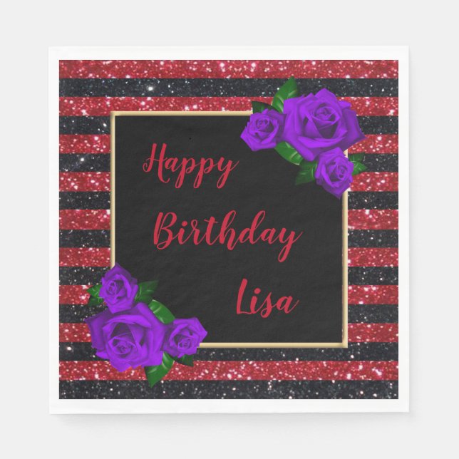 Serviette En Papier Parties scintillant rouge noir rayures violet Rose (Devant)
