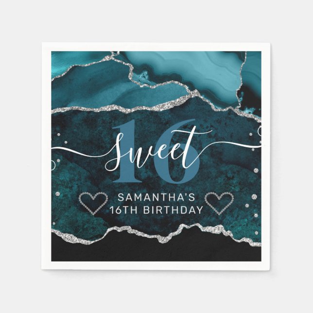 Serviette En Papier Parties scintillant turquoise et argent Agate Marb (Devant)