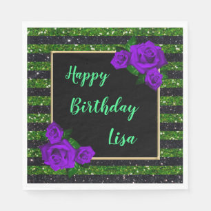 Serviette En Papier Parties scintillant verte noire rayures violet Ros