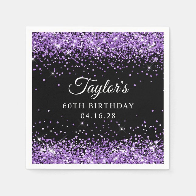 Serviette En Papier Parties scintillant violette et noir 60e anniversa (Devant)