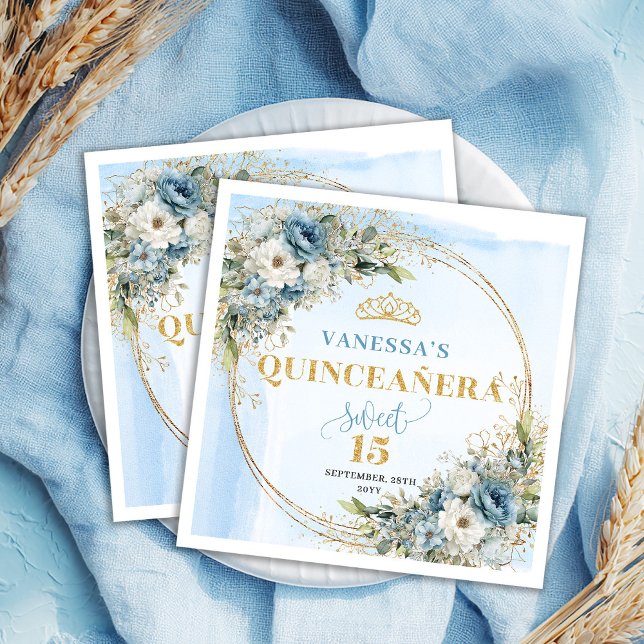 Serviette En Papier Pastel Blue Boho Floral Gold Glitter 15th Birthday (Pastel Blue Boho Floral Gold Glitter 15th Birthday Napkins)