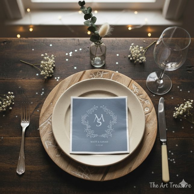 Serviette En Papier Pastel Blue Floral Crest Frame Elegant  (Créateur téléchargé)