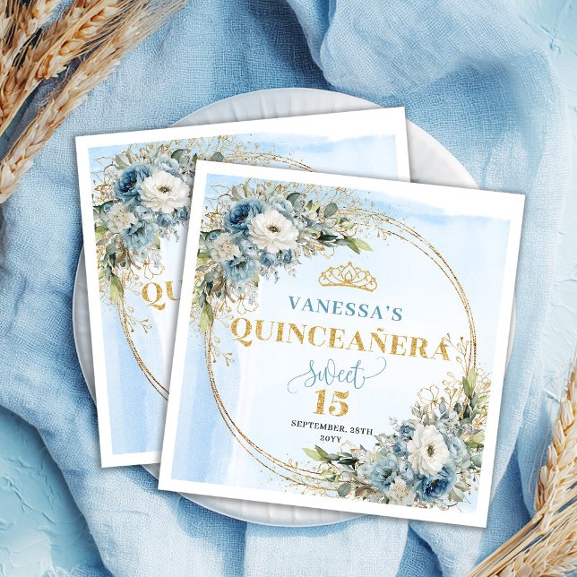 Serviette En Papier Pastel Blue Floral Eucalyptus Gold 15th Birthday  (Pastel Blue Floral Eucalyptus Gold 15th Birthday Napks)
