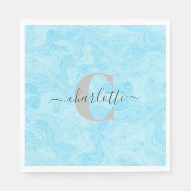 Serviette En Papier Pastel Blue Marble Custom Monogramme Nom (Devant)