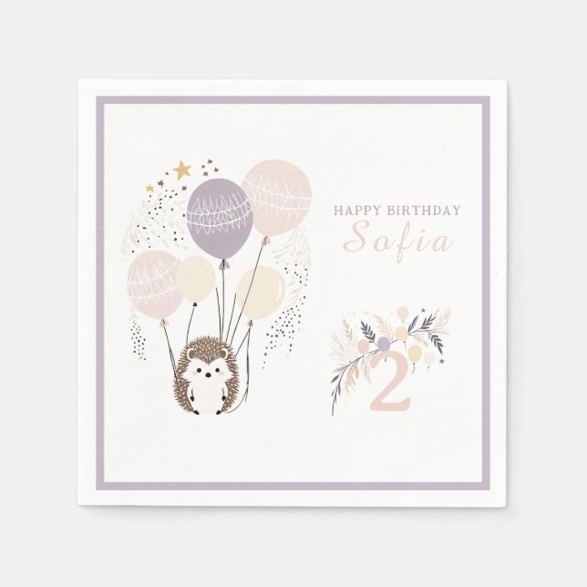 Serviette En Papier Pastel Boho Hedgehog et Balloons Anniversaire (Devant)