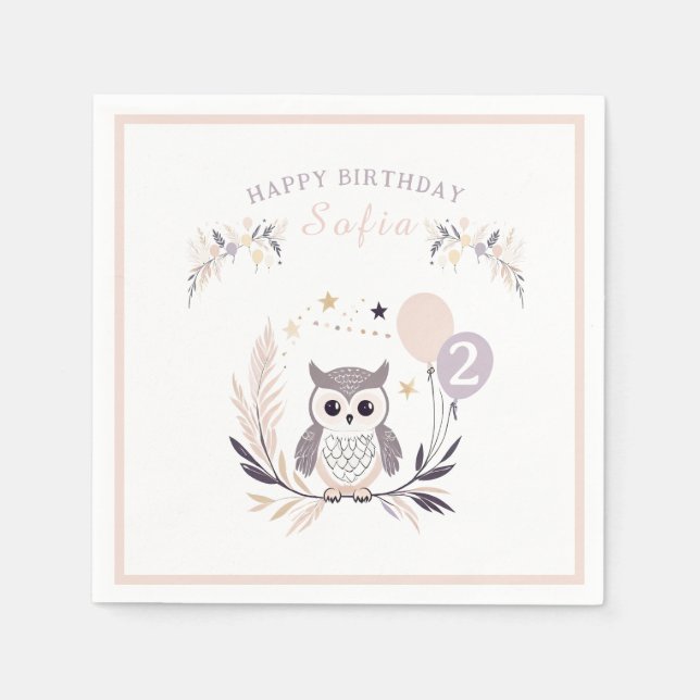 Serviette En Papier Pastel Boho Owl et Balloons Anniversaire (Devant)