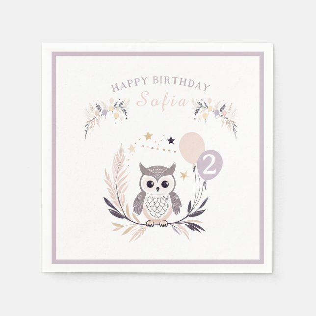 Serviette En Papier Pastel Boho Owl et Balloons Anniversaire (Devant)