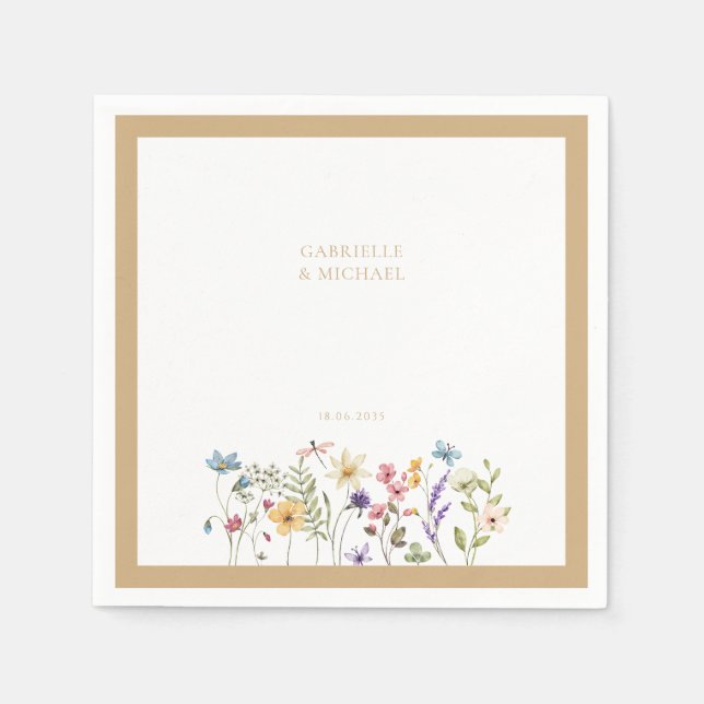 Serviette En Papier Pastel Fleur sauvage Mariage beige frontière (Devant)