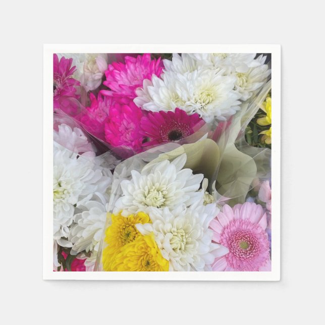 Serviette En Papier Pastel Floral Rose, Jaune & Blanc Chrysanthème (Devant)