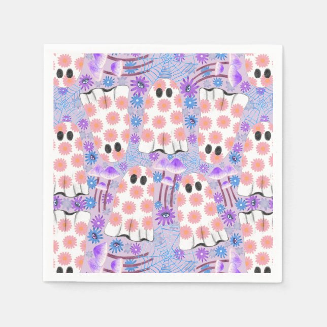Serviette En Papier Pastel Halloween Fantômes Floraux (Devant)