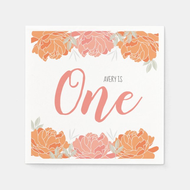 Serviette En Papier Pastel Peach & Orange Peonies 1er anniversaire de  (Devant)