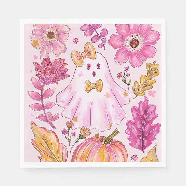 Serviette En Papier Pastel Pink Halloween Ghost with Flowers and Pumpk (Devant)
