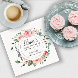 Serviette En Papier Pastel Red Rose Floral 100th Birthday Thank You