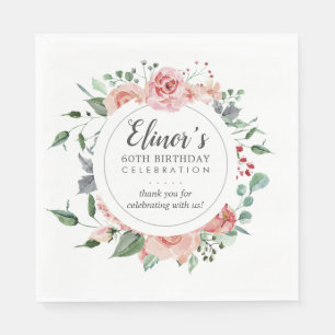 Serviette En Papier Pastel Red Rose Floral 60e anniversaire Merci