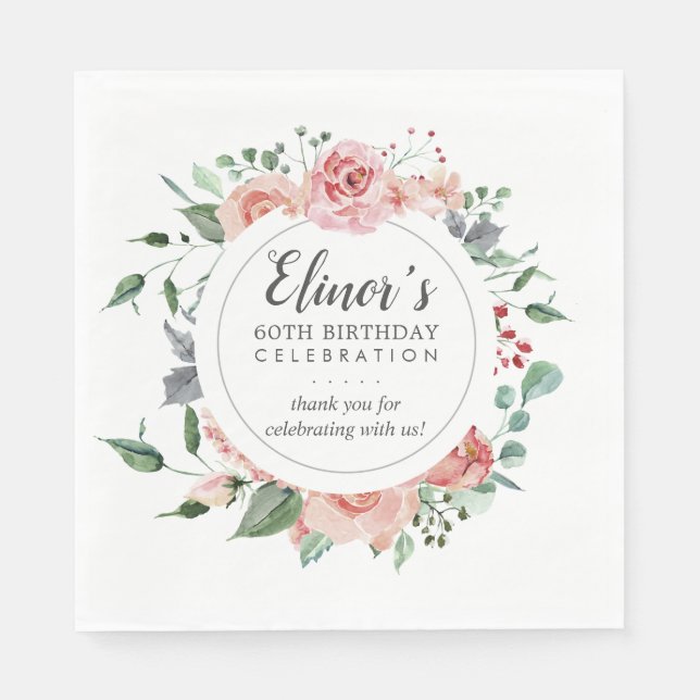 Serviette En Papier Pastel Red Rose Floral 60e anniversaire Merci (Devant)