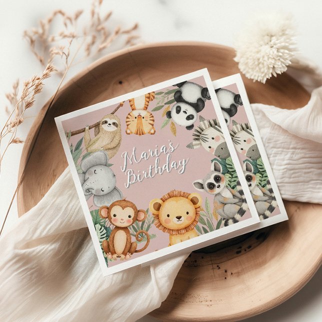 Serviette En Papier Pastel Tropical Wild One Jungle Safari Animaux (Créateur téléchargé)