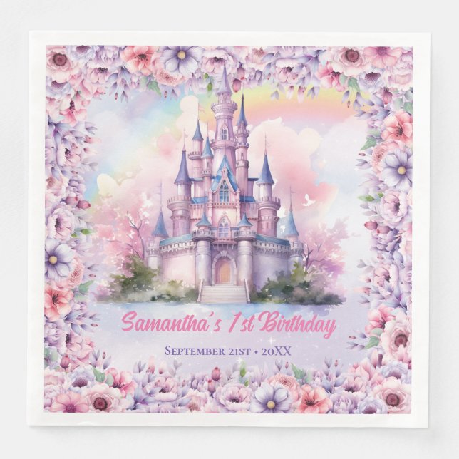 Serviette En Papier Pastel Unicorn Girl Birthday fairy château (Devant)