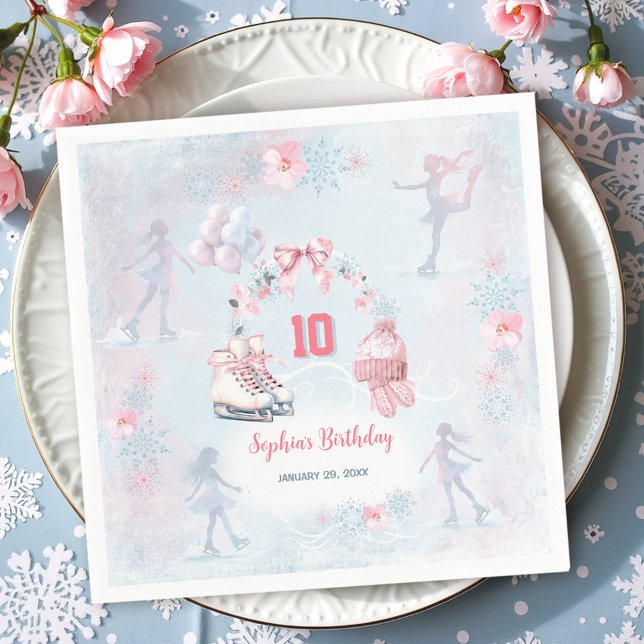 Serviette En Papier Patinage sur glace Pink Blue Winter Girl Anniversa (Ice Skating Party Pink Blue Winter Girl Birthday Napkins)