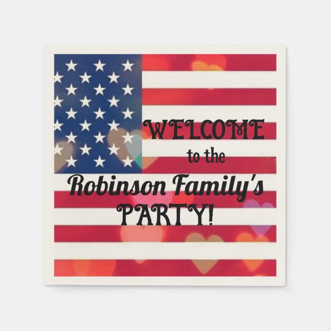 Serviette En Papier Patriotique USA Coeurs drapeau avec texte calligra (Devant)