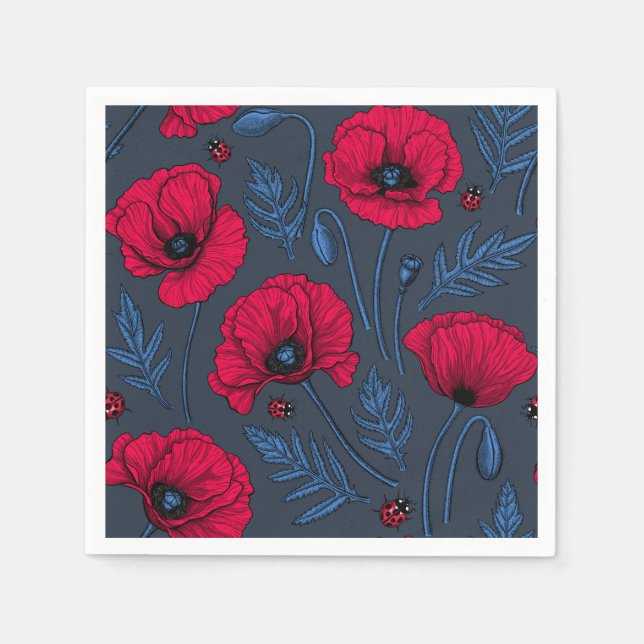 Serviette En Papier Pavot rouge et coccinelle bleu foncé (Devant)