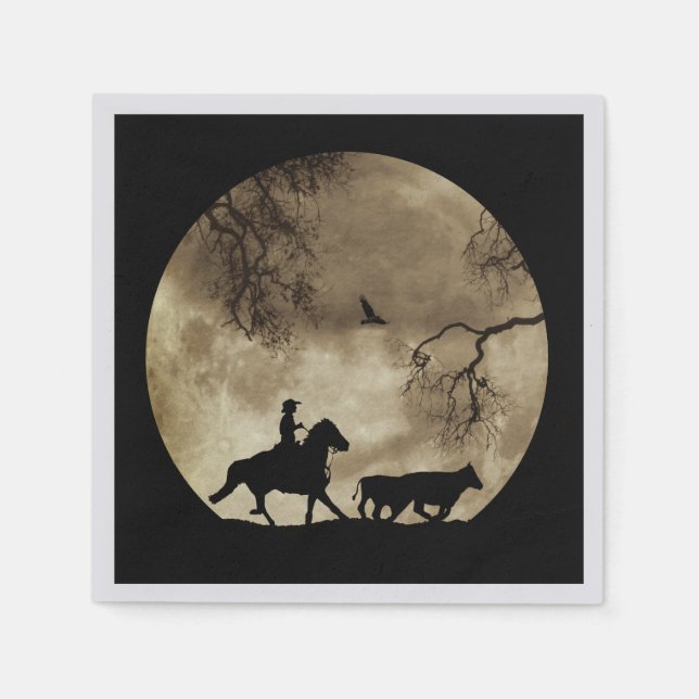 Serviette En Papier Pays Western Cowboy et Cheval au clair de lune (Devant)