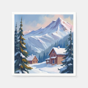 Serviette En Papier Paysage Montagnard De Chalet De Ski Aquarelle Hive