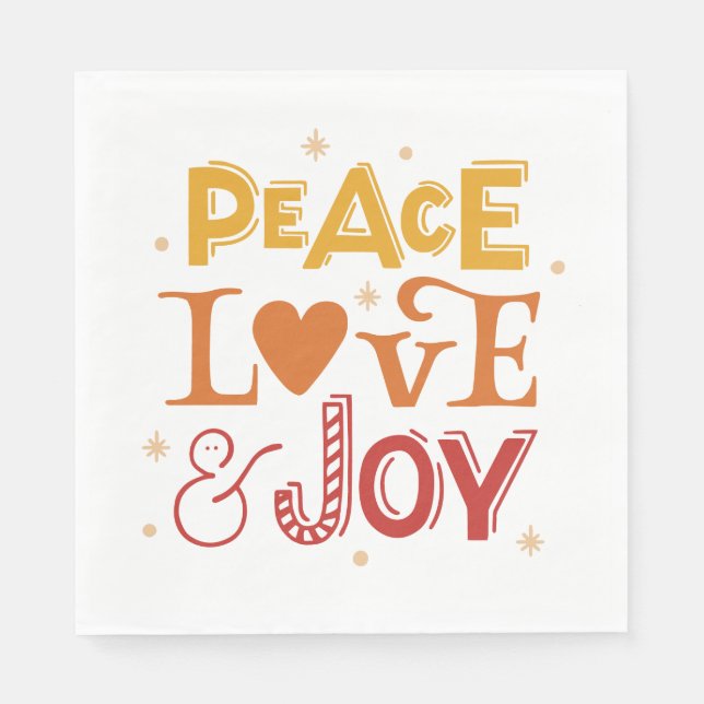 Serviette En Papier Peace Love Joy. Lettres rouges jaunes de Noël (Devant)
