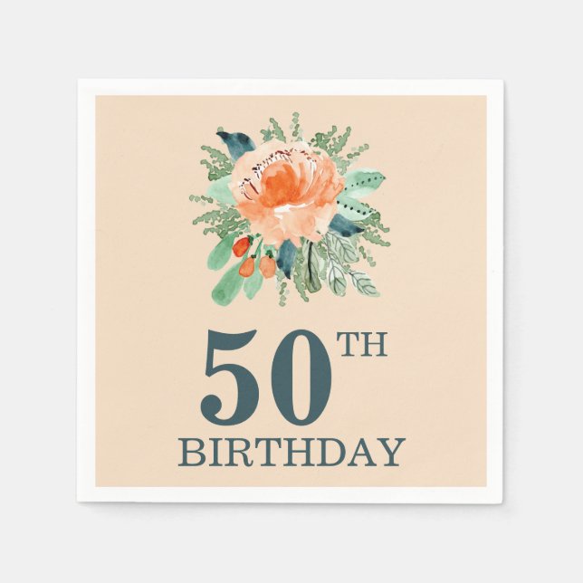 Serviette En Papier Peach Jade Aquarelle Turquoise Florale Anniversair (Devant)