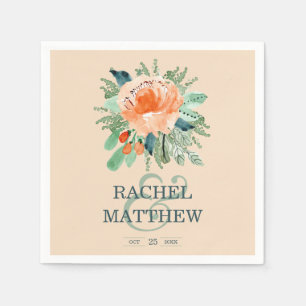 Serviette En Papier Peach Jade Turquoise Floral Aquarelle Mariage