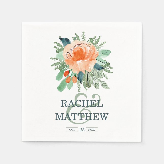 Serviette En Papier Peach Jade Turquoise Floral Aquarelle Mariage (Devant)