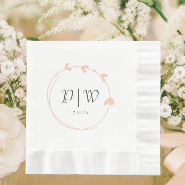 Serviette En Papier Peach Simple Heart Wreath Monogram Mariage (In Situ Wedding)