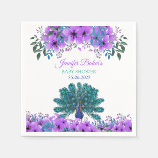 Serviette En Papier Peacock vert et bleu | Fleurs d'aquarelle violette